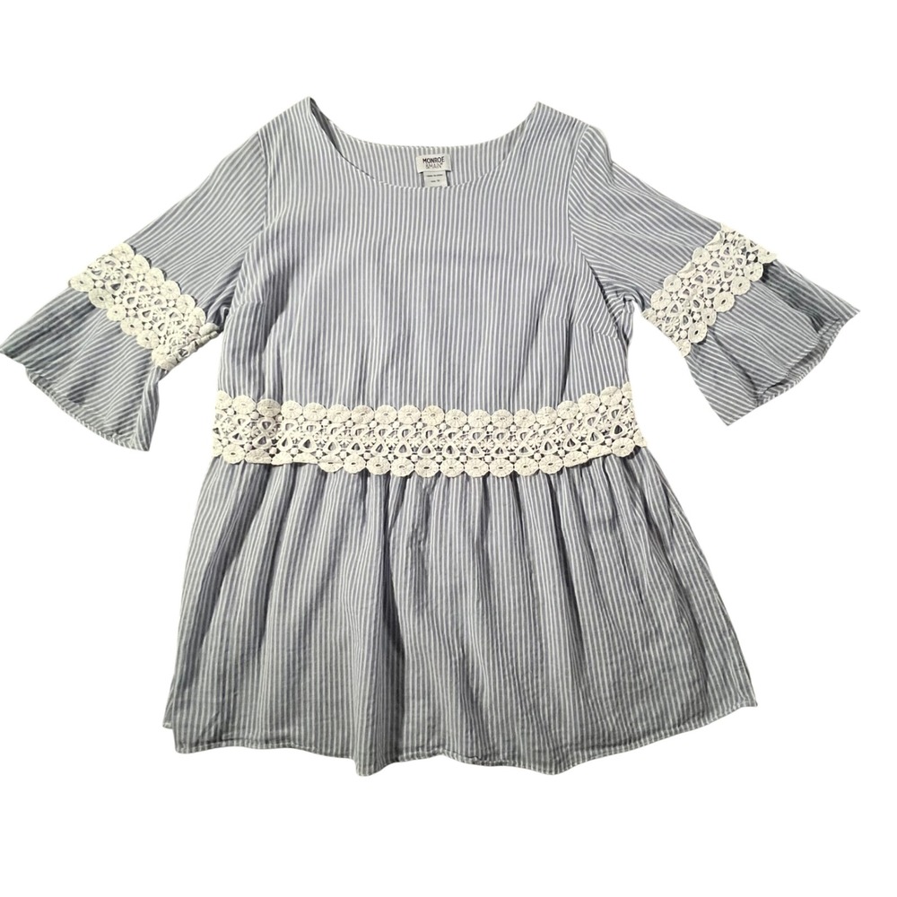 Monroe & Main Peplum Blouse Women 1X Blue Striped Crochet Lace Bell Sleeve Top